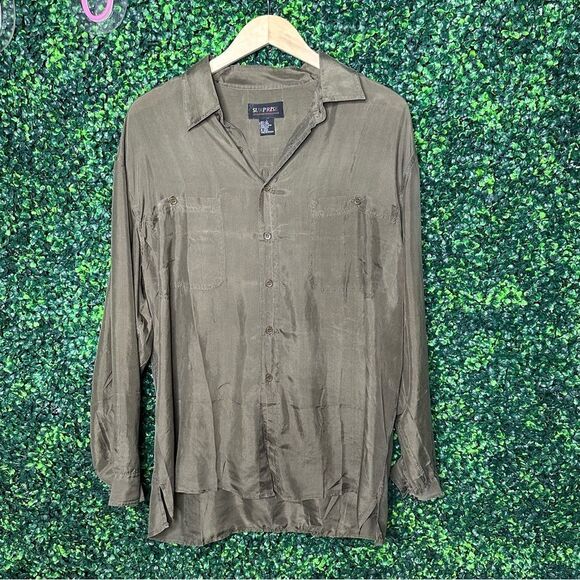 Vintage Olive Green 100% Silk Soft Button Down Shirt Top Sz L - Picture 1 of 4